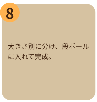 大きさ別に分け、段ボールに入れて完成。